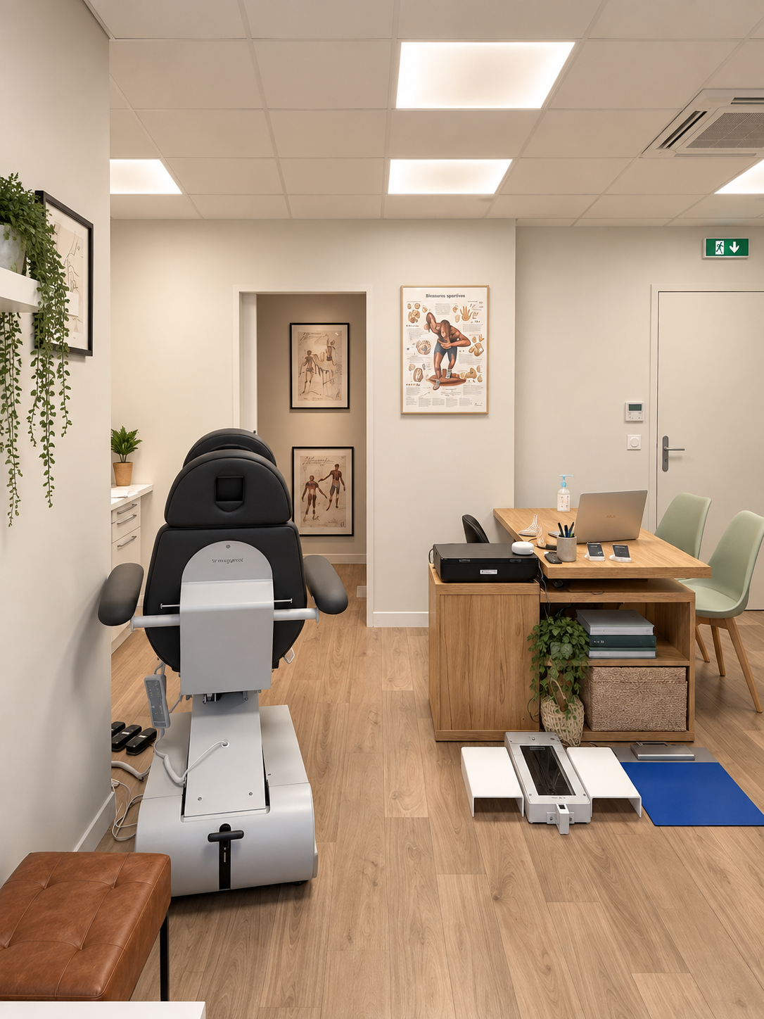 Salle de soin du cabinet avec fauteuil de podologie et bureau