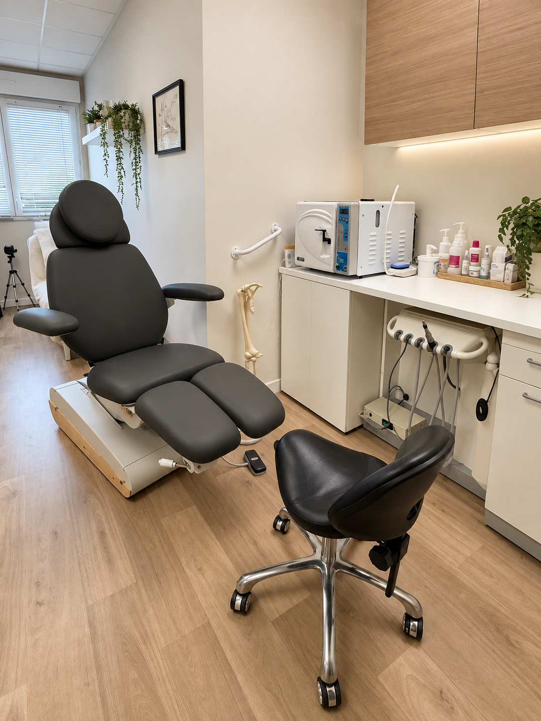 Fauteuil de soin, autoclave de stérilisation et poste de travail