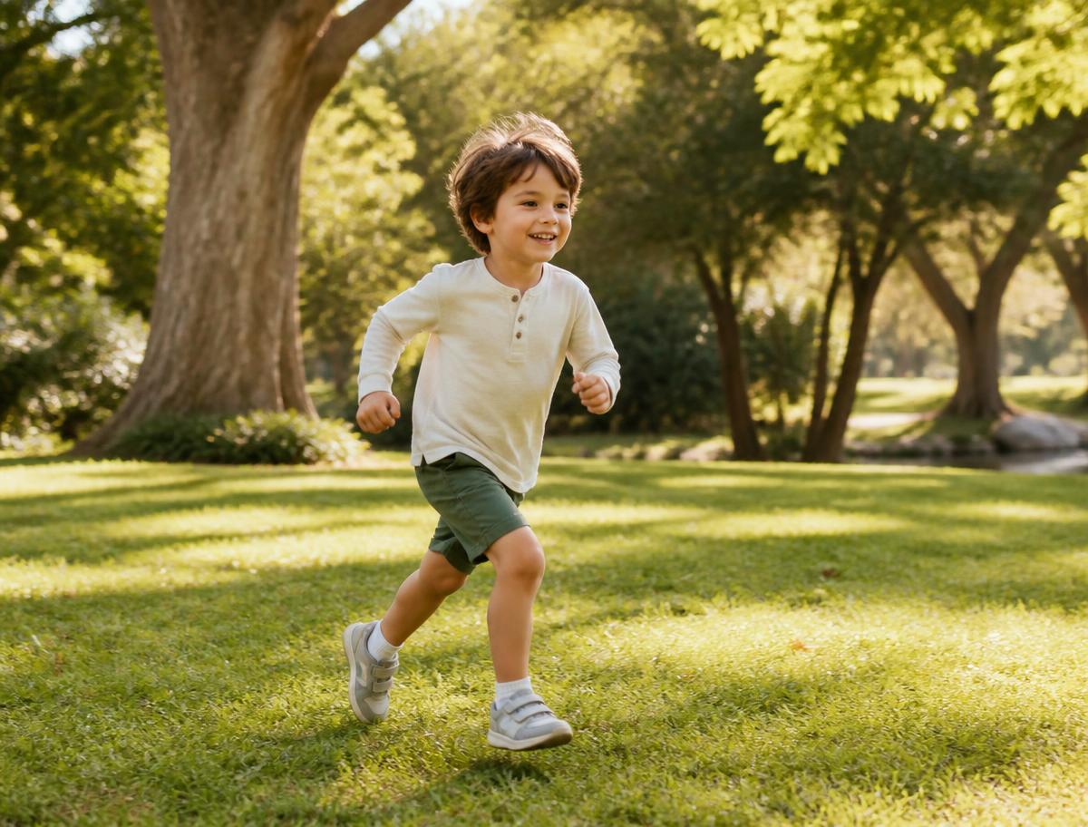Enfant en baskets courant sur une pelouse